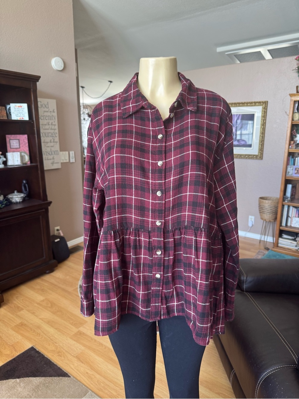 Arizona plaid button front peplum blouse-size M